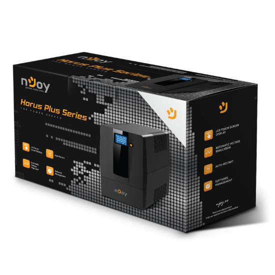 Imagine UPS nJoy Horus Plus 600, 600VA/360W, Afisaj LCD cu ecran tactil, 2 Prize Schuko cu Protectie, Repornire Automata, RJ11 protectie pentru linia de telefon/modem, Posibilitatea de monitorizare si control prin USB, LAN si internet, port de comunicare USB, rata de eficienta pana la 90%